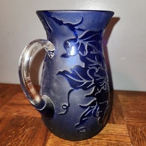 Kelsey Pilgrim etched blue cobalt glass pitcher